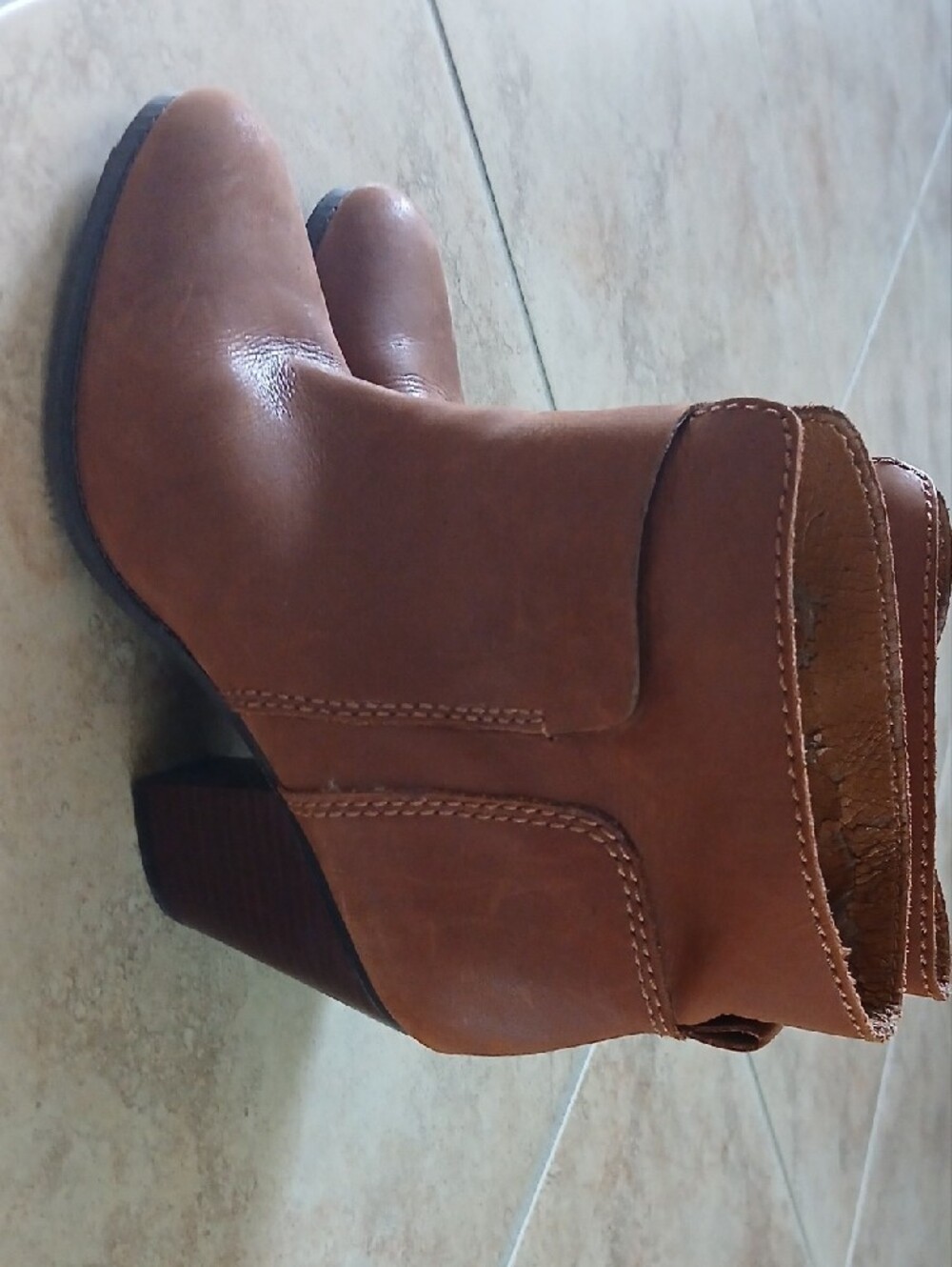 Nine West Cognac Brown Leather Ankle Booties with Stacked Heel - Picture 4 of 9
